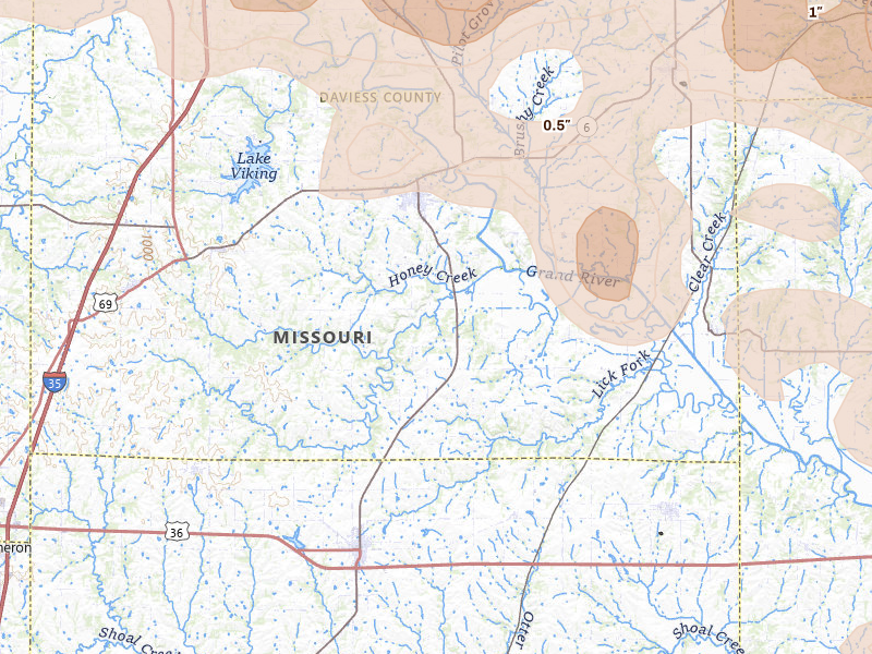 Radar-estimated hail-size map of the storm over Gallatin, MO on May 16, 2026