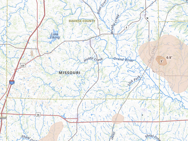 Radar-estimated hail-size map of the storm over Gallatin, MO on May 31, 2026
