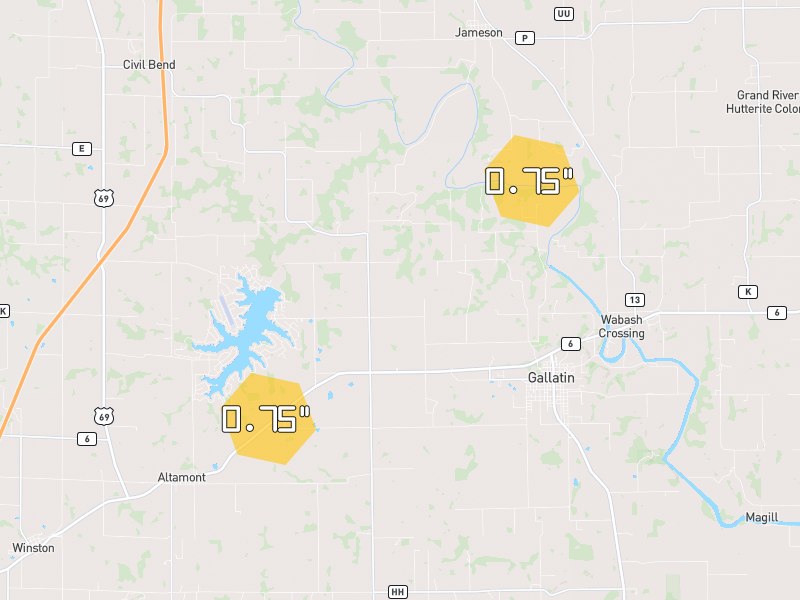 Hail map of Gallatin, MO on Jun 6, 2026, hail up to 0.75"