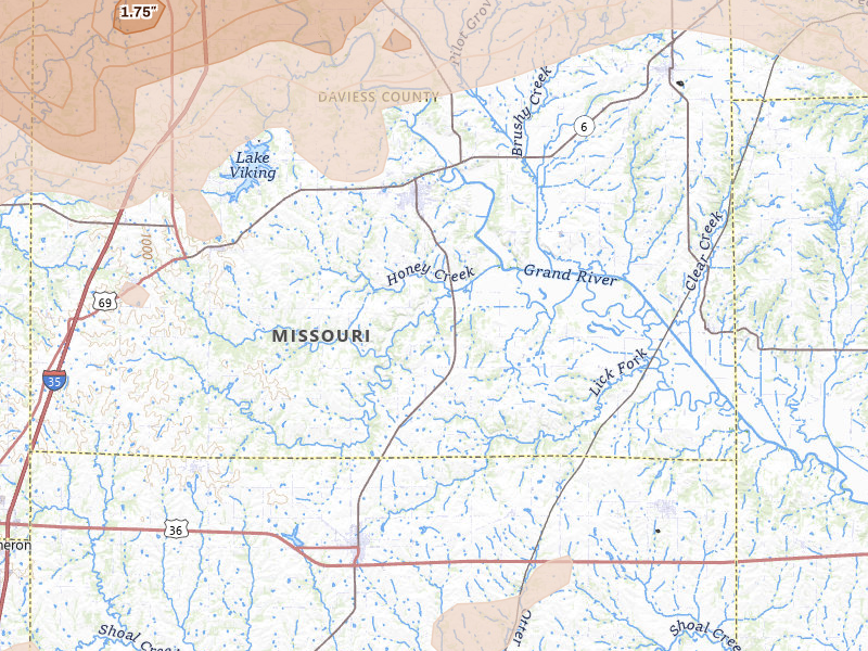 Radar-estimated hail-size map of the storm over Gallatin, MO on Jun 10, 2026