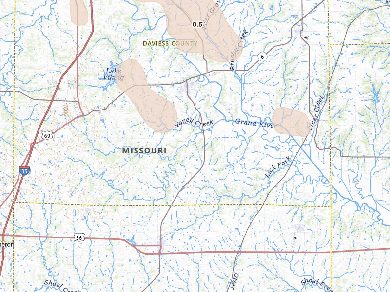 Radar-estimated hail-size map of the storm over Gallatin, MO on Jul 20, 2026
