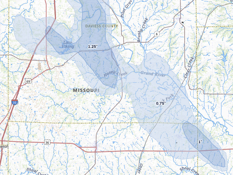 NEXRAD radar-signature map of the hail storm over Gallatin, MO on Jul 20, 2026