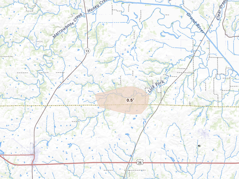 Radar-estimated hail-size map of the storm over Gallatin, MO on Aug 16, 2026