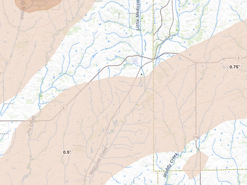 Radar-estimated hail-size map of the storm over Galt, MO on Apr 17, 2026