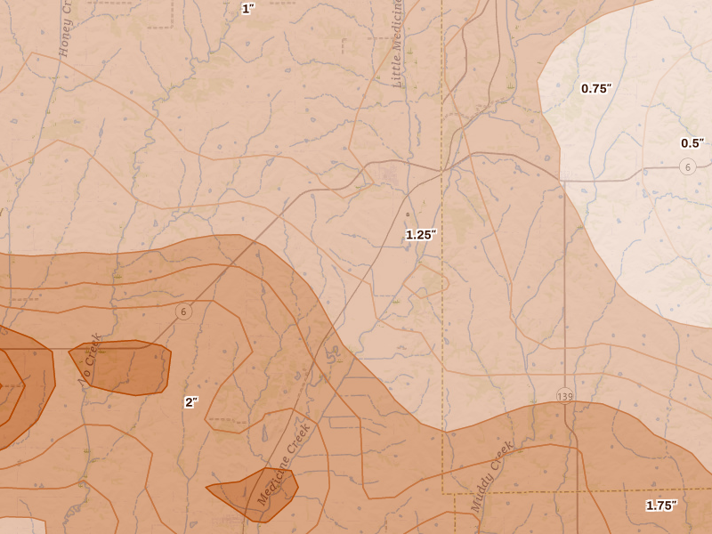 Radar-estimated hail-size map of the storm over Galt, MO on May 16, 2026