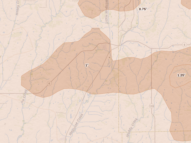 Radar-estimated hail-size map of the storm over Galt, MO on Jun 10, 2026