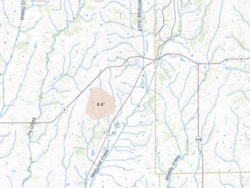 Radar-estimated hail-size map of the storm over Galt, MO on Aug 14, 2026