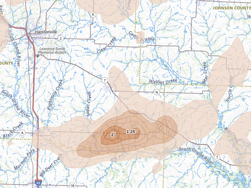 Radar-estimated hail-size map of the storm over Garden City, MO on Apr 26, 2026