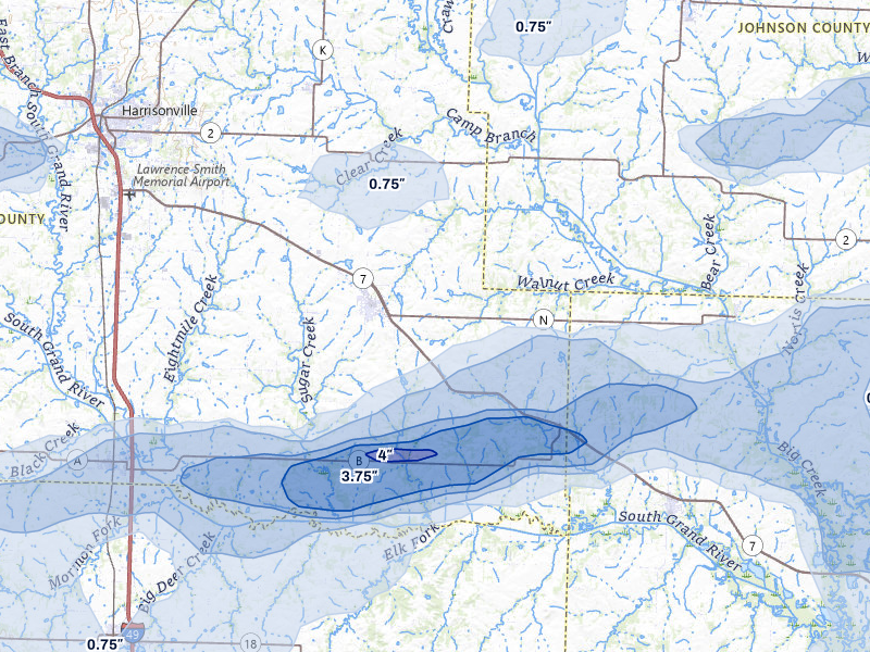 NEXRAD radar-signature map of the hail over Garden City, MO