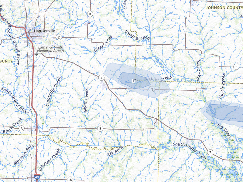 NEXRAD radar-signature map of the hail storm over Garden City, MO on May 8, 2026