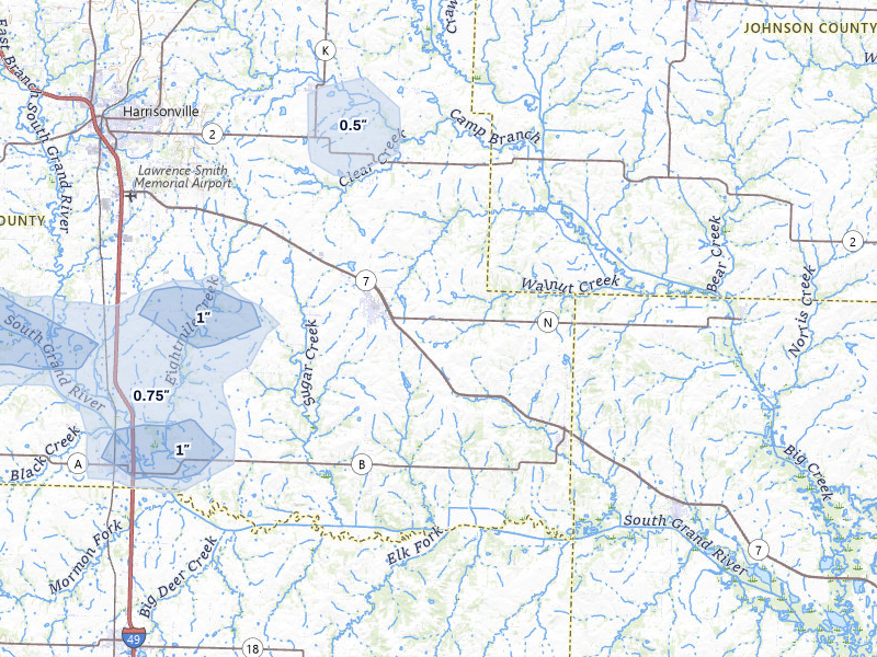 NEXRAD radar-signature map of the hail storm over Garden City, MO on Jun 8, 2026