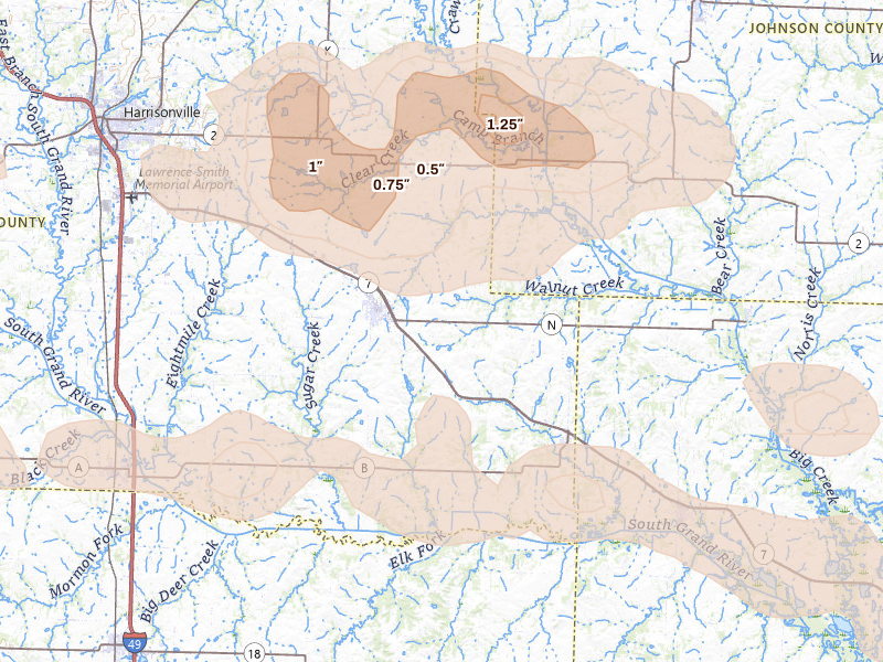 Radar-estimated hail-size map of the storm over Garden City, MO on Jun 17, 2026