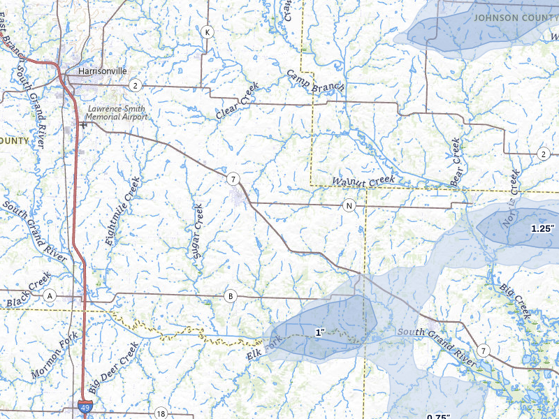 NEXRAD radar-signature map of the hail storm over Garden City, MO on Jul 8, 2026