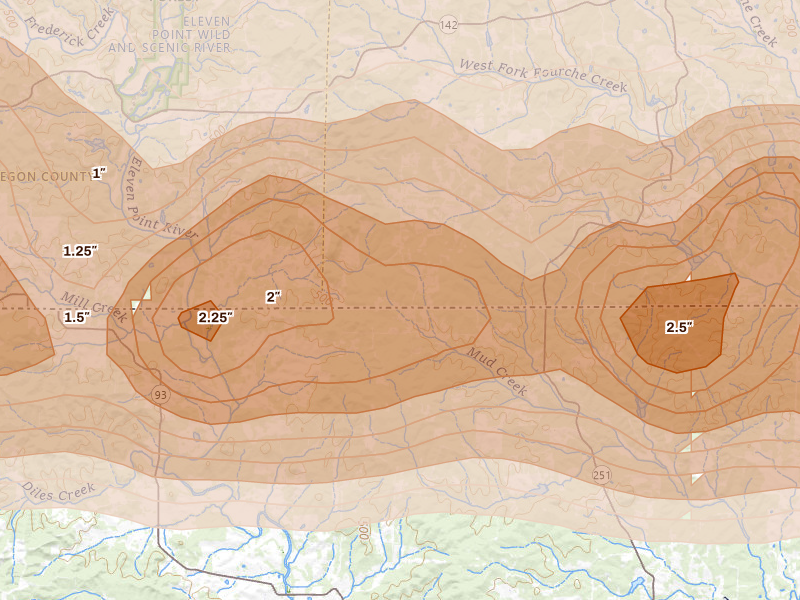 Radar-estimated hail-size map of the storm over Gatewood, MO on Apr 16, 2026