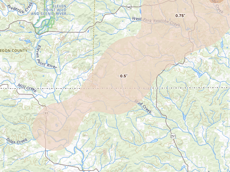 Radar-estimated hail-size map of the storm over Gatewood, MO on Apr 26, 2026