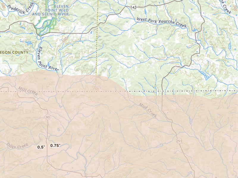 Radar-estimated hail-size map of the storm over Gatewood, MO on Apr 27, 2026