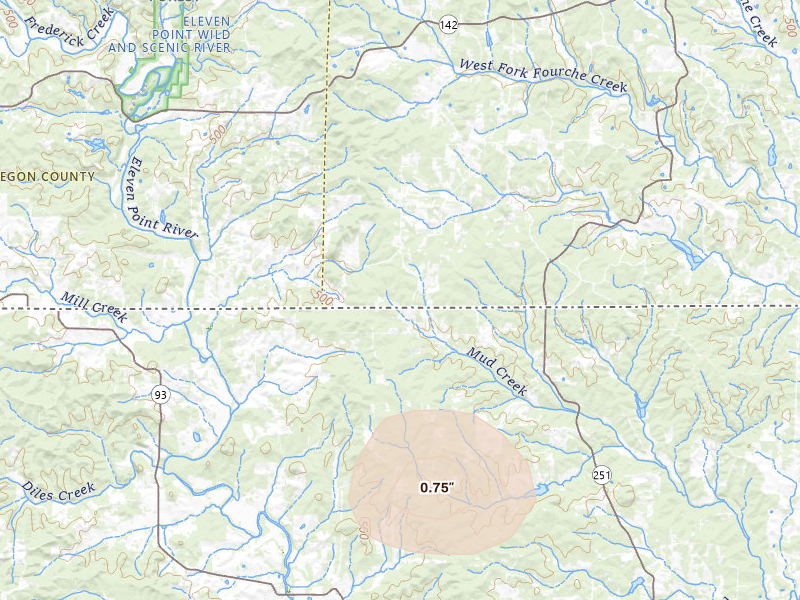 Radar-estimated hail-size map of the storm over Gatewood, MO on Jun 9, 2026