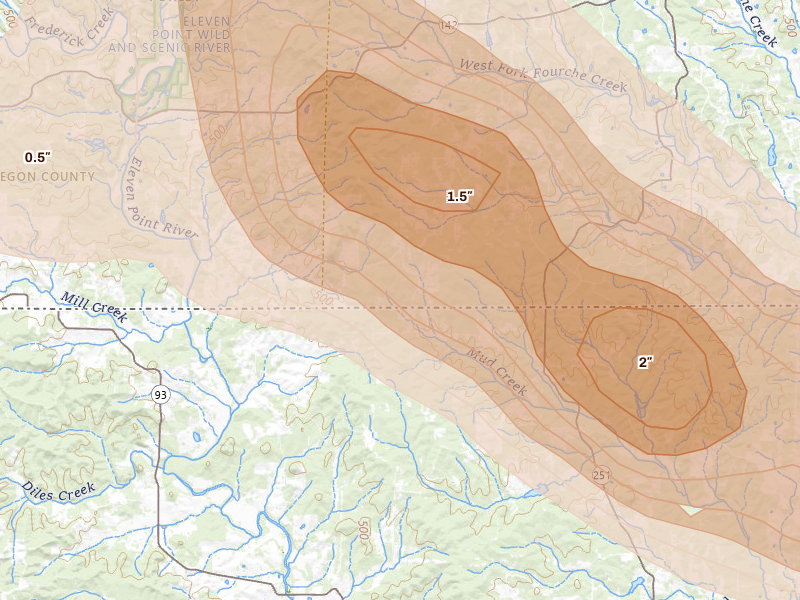 Radar-estimated hail-size map of the storm over Gatewood, MO