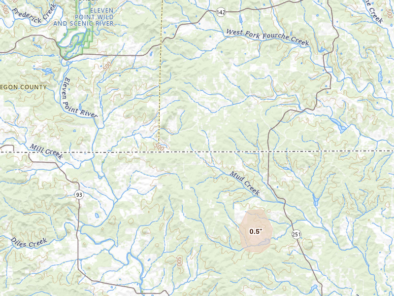 Radar-estimated hail-size map of the storm over Gatewood, MO on Jul 7, 2026