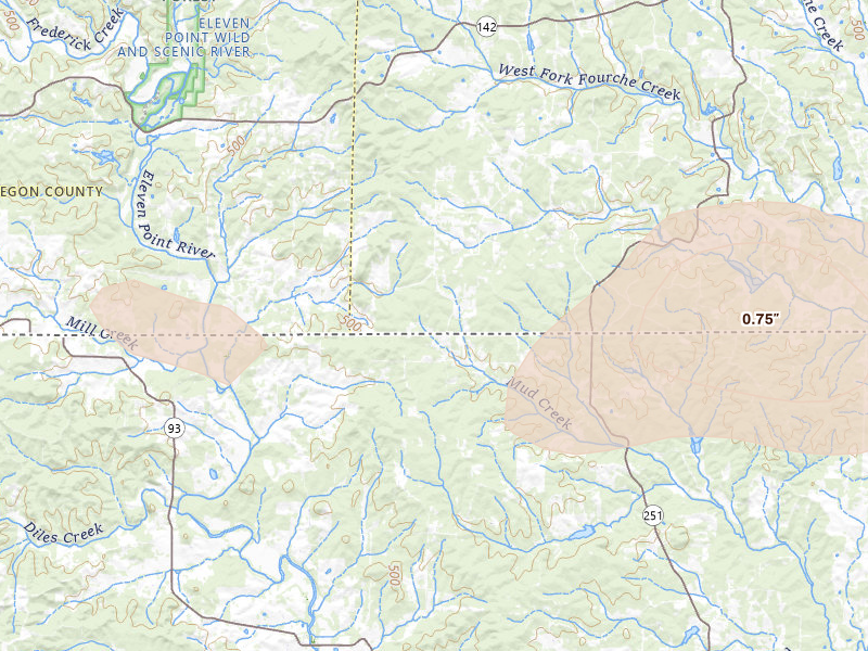 Radar-estimated hail-size map of the storm over Gatewood, MO on Jul 9, 2026