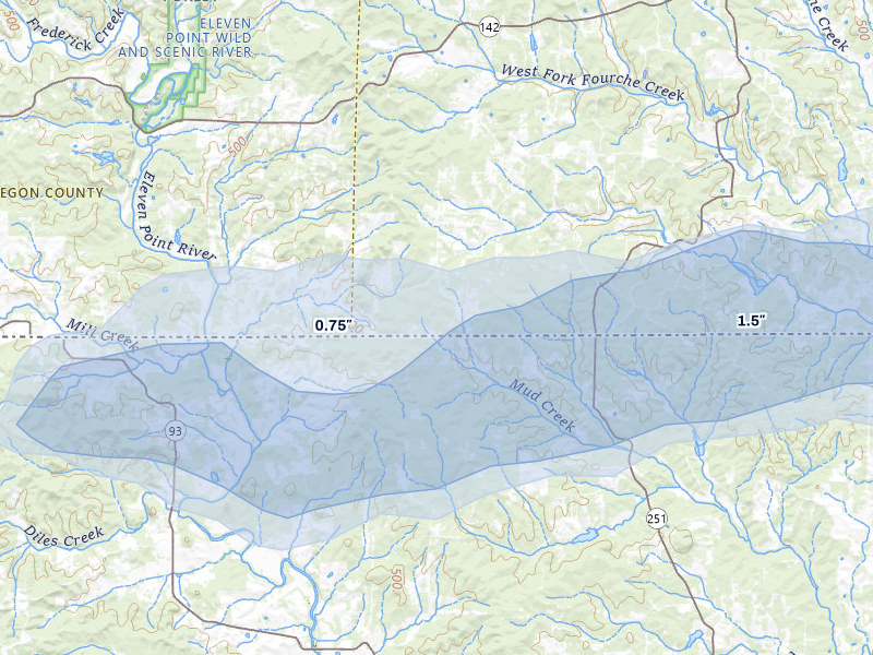 NEXRAD radar-signature map of the hail storm over Gatewood, MO on Jul 9, 2026