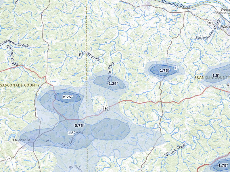 NEXRAD radar-signature map of the hail over Gerald, MO