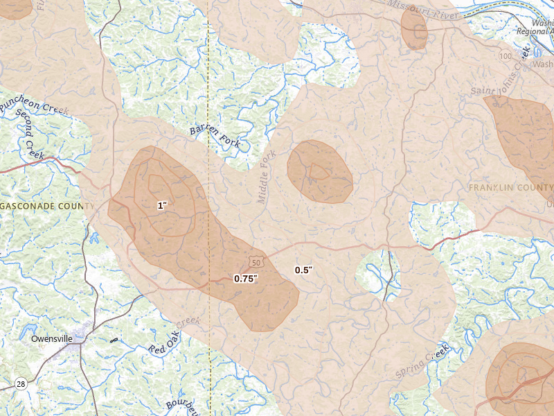 Radar-estimated hail-size map of the storm over Gerald, MO on Aug 12, 2026