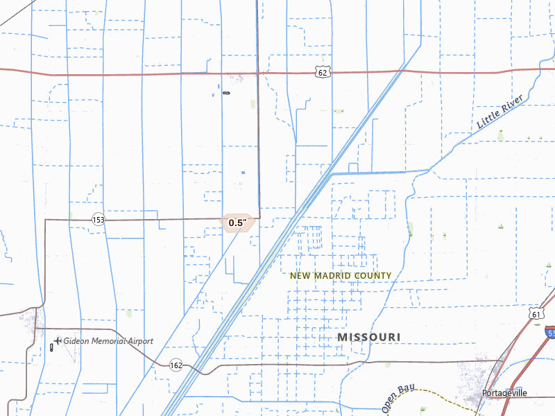 Radar-estimated hail-size map of the storm over Gideon, MO on Jun 21, 2026