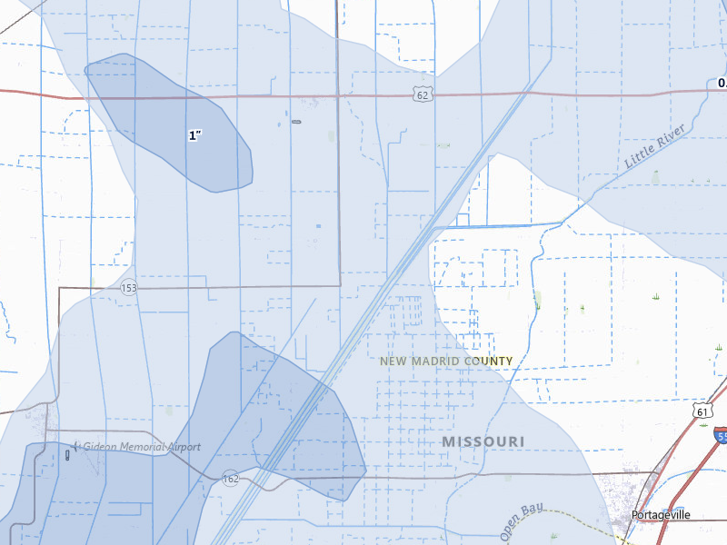 NEXRAD radar-signature map of the hail storm over Gideon, MO on Jul 9, 2026