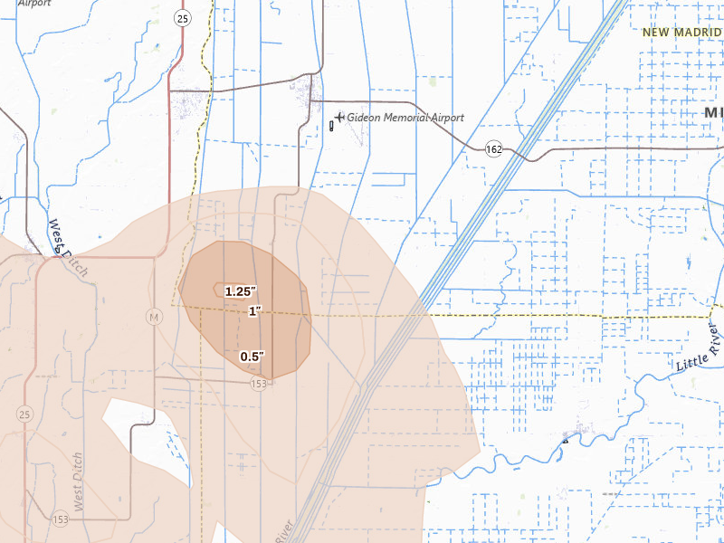 Radar-estimated hail-size map of the storm over Gideon, MO on Aug 26, 2026