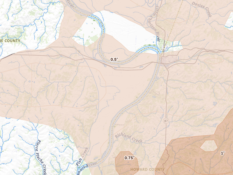 Radar-estimated hail-size map of the storm over Gilliam, MO on May 31, 2026