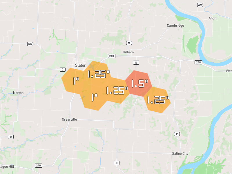 Hail map of Gilliam, MO on Jun 1, 2026, hail up to 1.5"