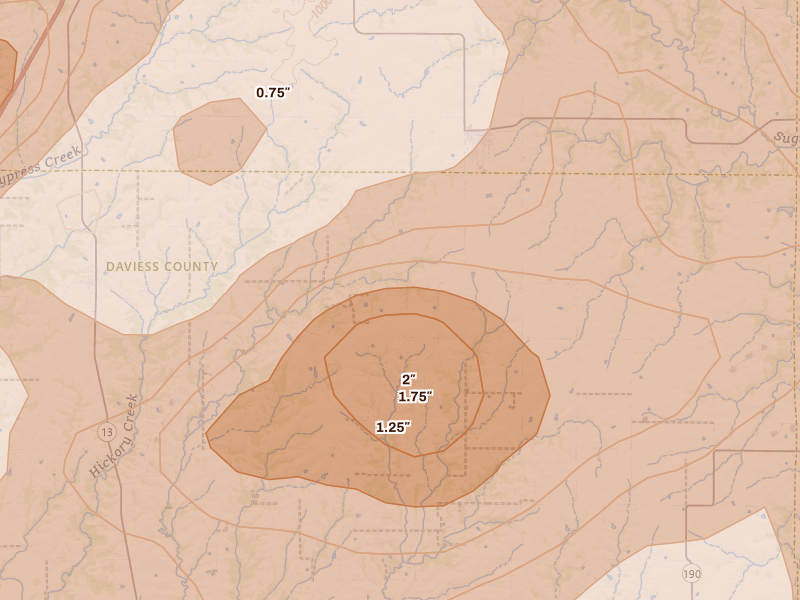Radar-estimated hail-size map of the storm over Gilman City, MO on May 16, 2026