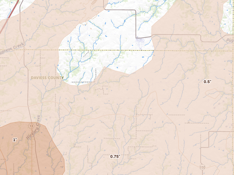 Radar-estimated hail-size map of the storm over Gilman City, MO on Jun 10, 2026