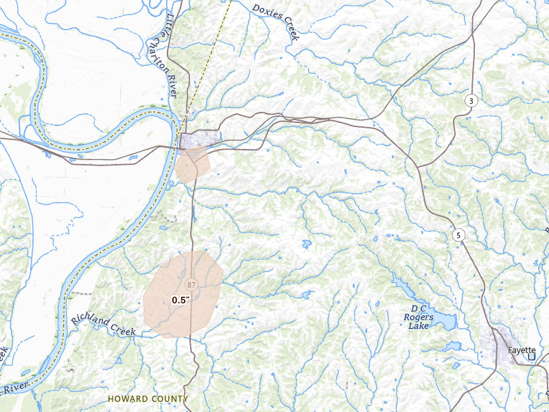 Radar-estimated hail-size map of the storm over Glasgow, MO on Apr 26, 2026