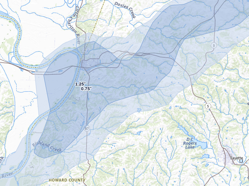 NEXRAD radar-signature map of the hail over Glasgow, MO