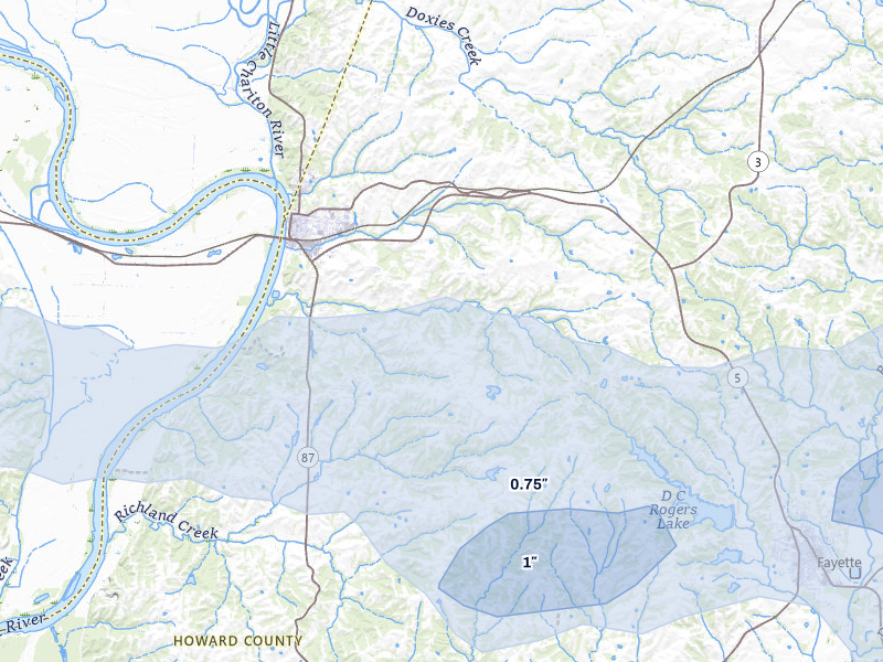 NEXRAD radar-signature map of the hail over Glasgow, MO