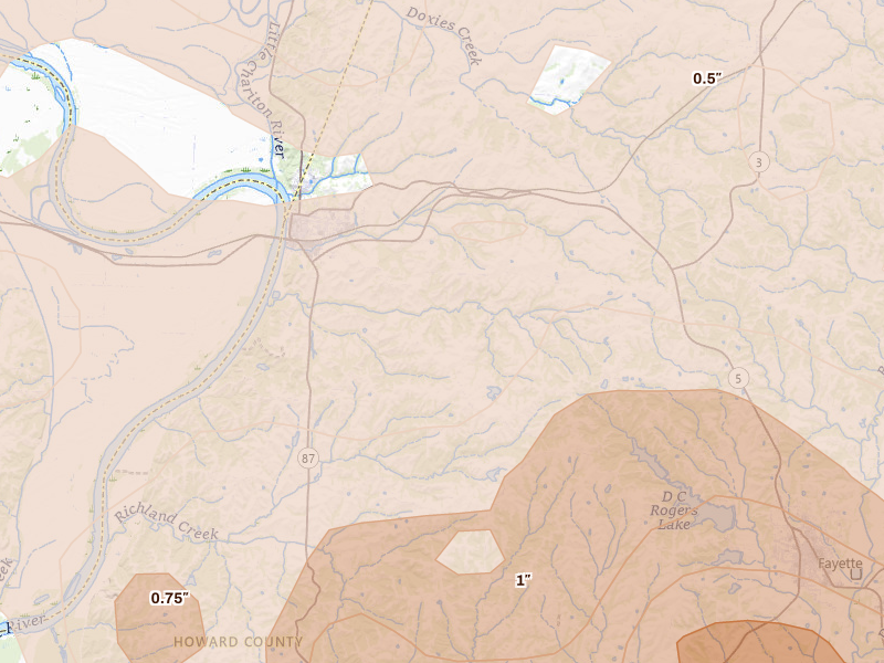 Radar-estimated hail-size map of the storm over Glasgow, MO on May 31, 2026