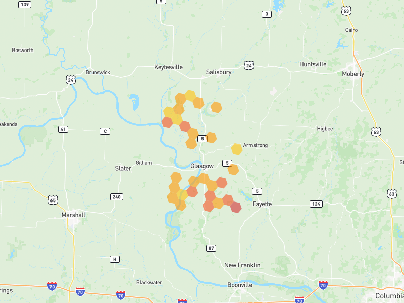 Hail map of Glasgow, MO on Jun 1, 2026, hail up to 2.5"