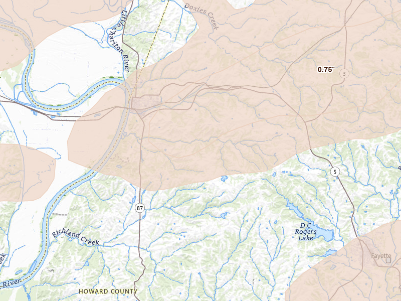 Radar-estimated hail-size map of the storm over Glasgow, MO on Jun 11, 2026