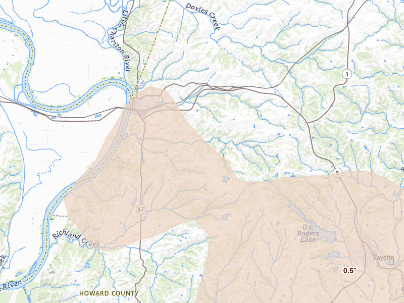 Radar-estimated hail-size map of the storm over Glasgow, MO on Jul 10, 2026
