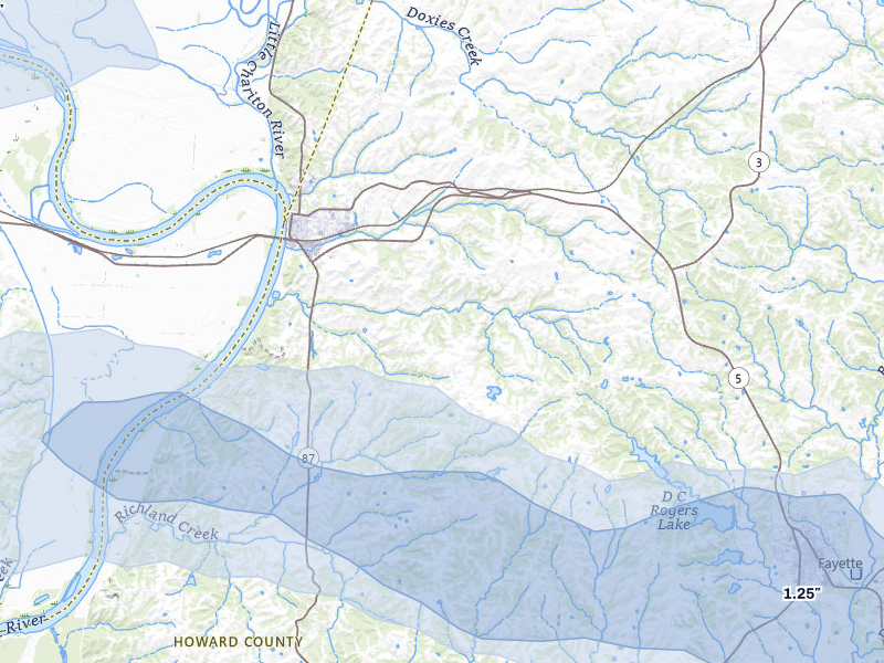 NEXRAD radar-signature map of the hail storm over Glasgow, MO on Jul 10, 2026