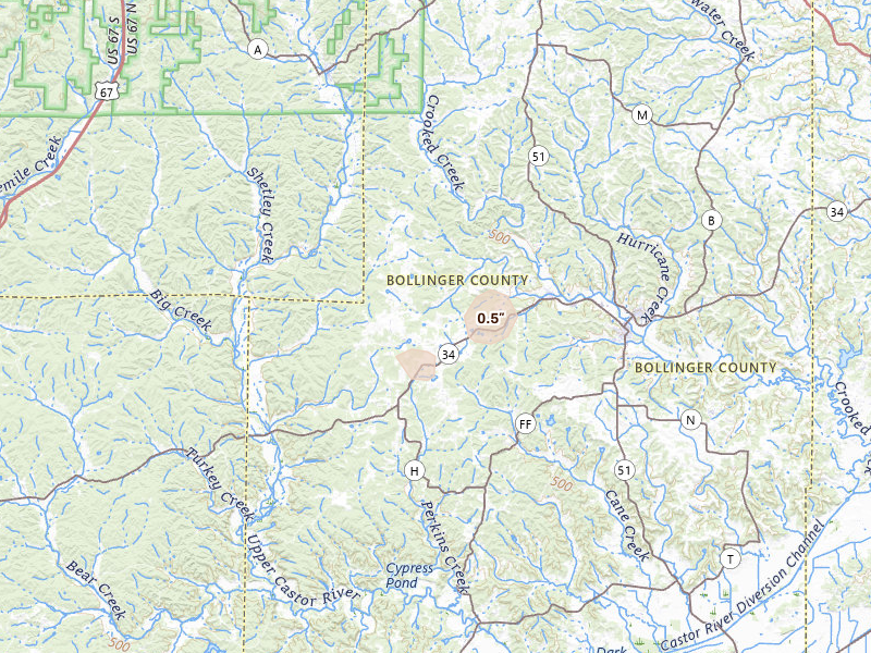 Radar-estimated hail-size map of the storm over Glenallen, MO on Jun 1, 2026