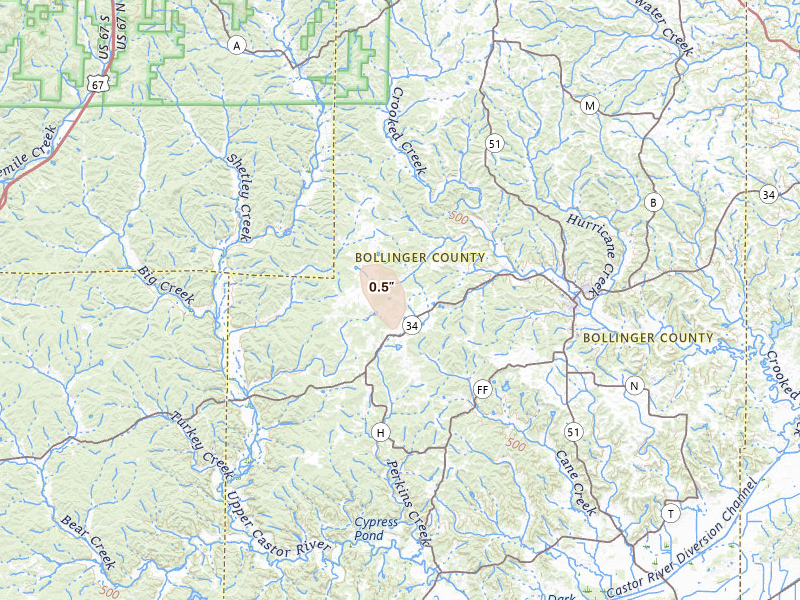 Radar-estimated hail-size map of the storm over Glenallen, MO on Jul 20, 2026