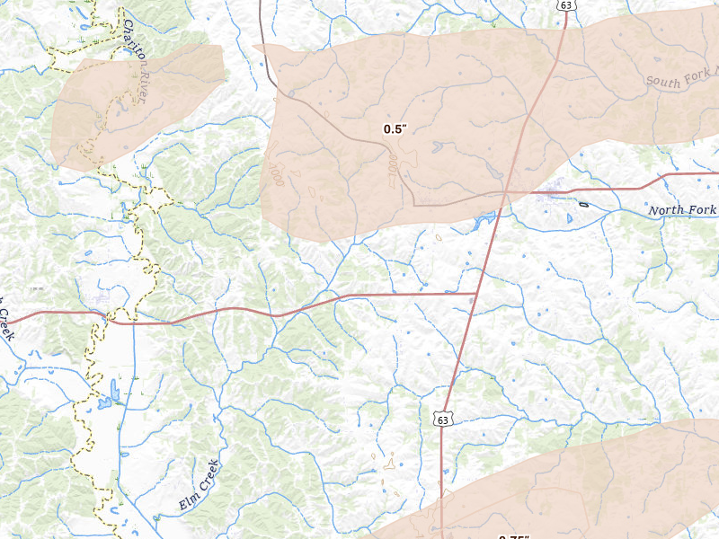 Radar-estimated hail-size map of the storm over Glenwood, MO on Mar 10, 2026