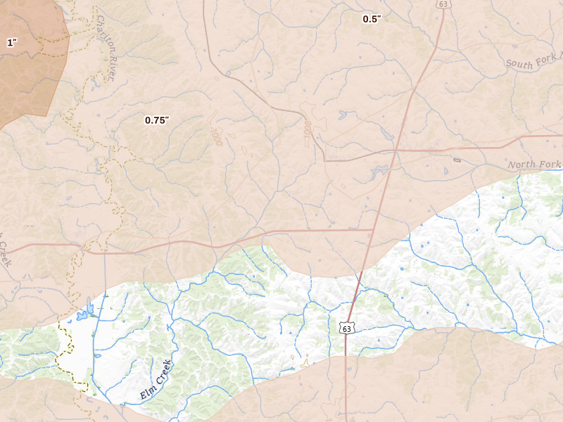 Radar-estimated hail-size map of the storm over Glenwood, MO on Jun 11, 2026