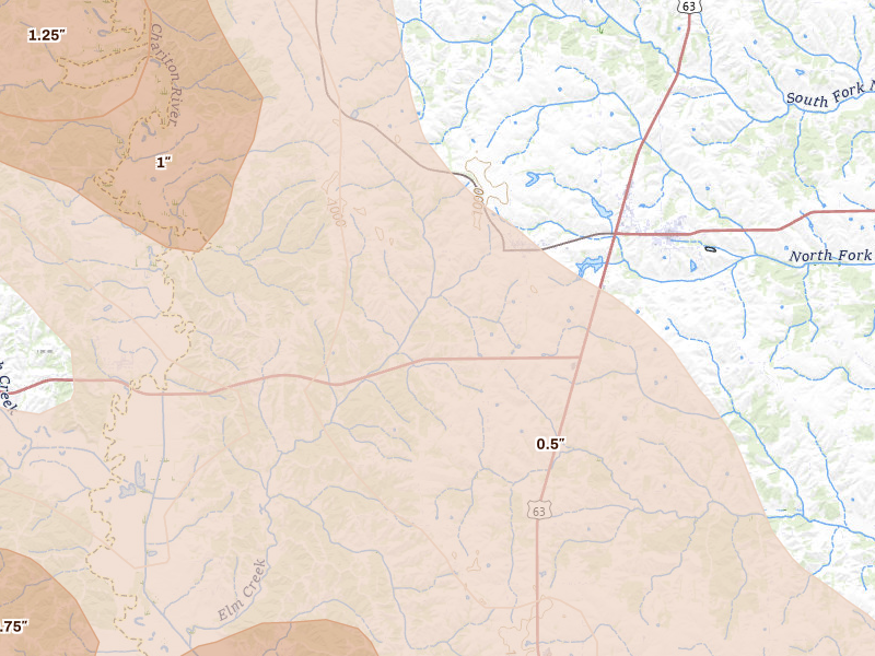 Radar-estimated hail-size map of the storm over Glenwood, MO on Jul 20, 2026