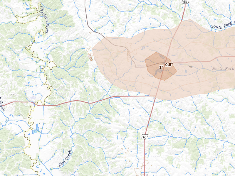 Radar-estimated hail-size map of the storm over Glenwood, MO on Aug 12, 2026