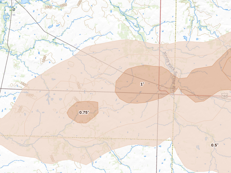 Radar-estimated hail-size map of the storm over Golden City, MO on Apr 26, 2026