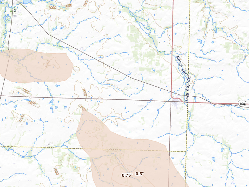 Radar-estimated hail-size map of the storm over Golden City, MO on Jul 4, 2026